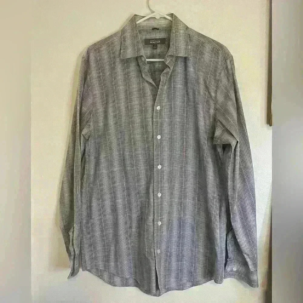 Kenneth Cole Reaction Men's Slim-Fit Blue Plaid Long-Sleeve Shirt size 16 34/35